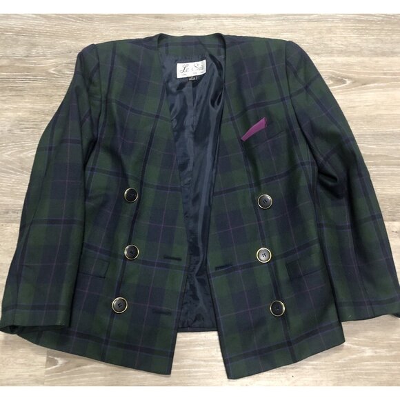 Le Suit Blazer Women’s SZ 12 Plaid Suit Jacket Green Purple Buttons Lined Blazer - Picture 1 of 5